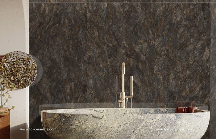 Mueble de baño con cubierta de porcelanato oscuro y grifería dorada