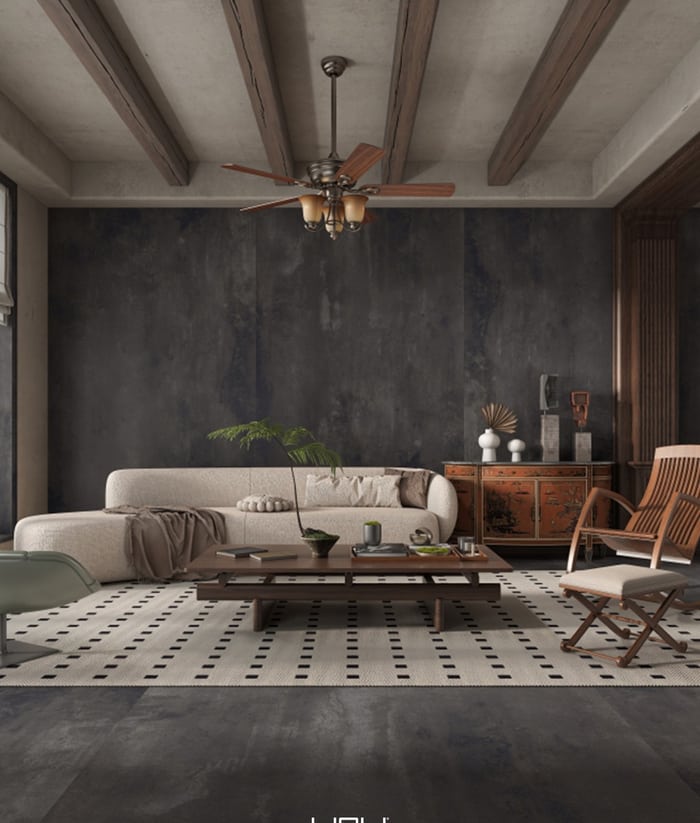 Sala contemporánea con muro de porcelanato efecto piedra oscura