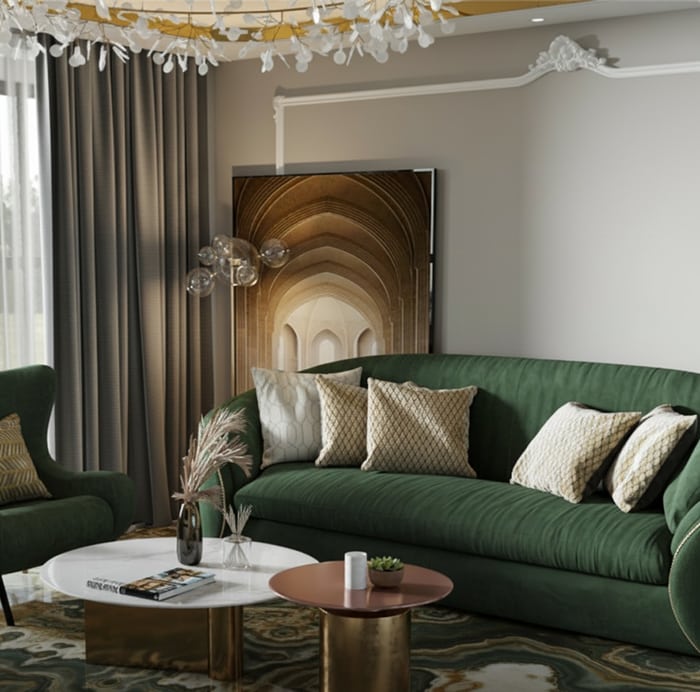 Sala con muro de porcelanato tipo mármol y sofá verde esmeralda
