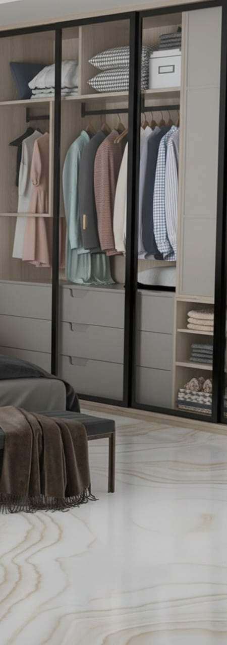 Vestidor con puertas y muros recubiertos de porcelanato blanco tipo mármol
