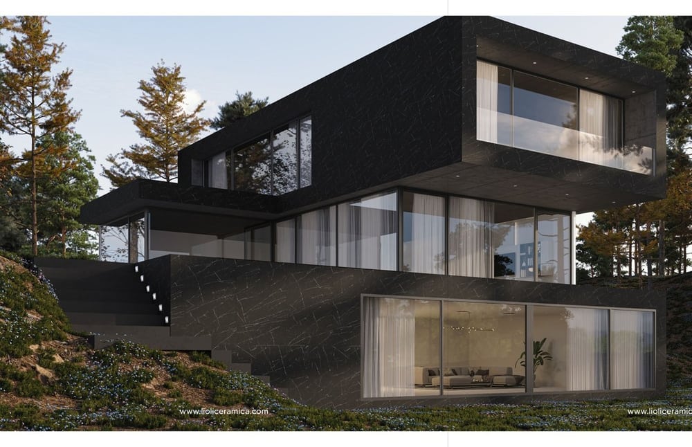 Fachada de casa contemporánea revestida con porcelanato de gran formato oscuro